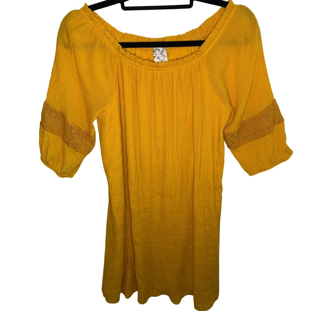 Naif Petite Yellow Lace Trim Off Shoulder 3/4 Sleeve Tunic‎ Dress Size PM Lined